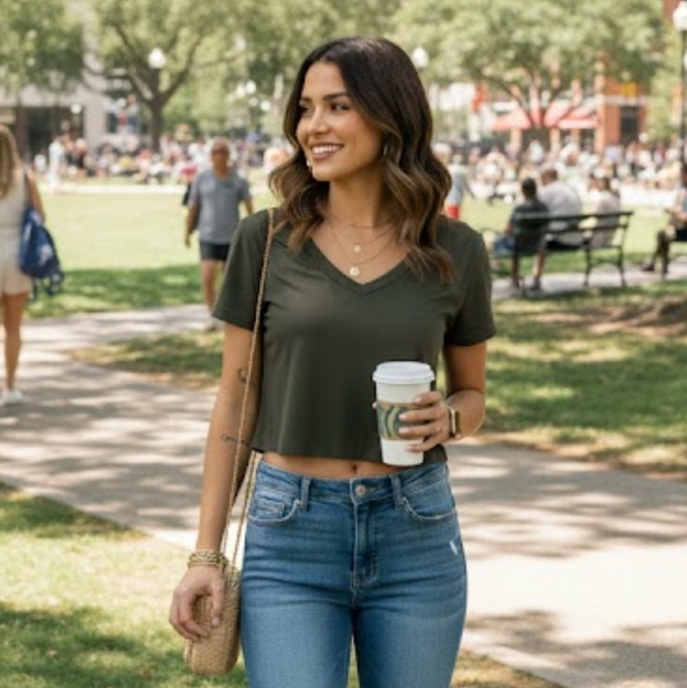 Wild Fable V-Neck Army Military Green Crop Top - SZ L